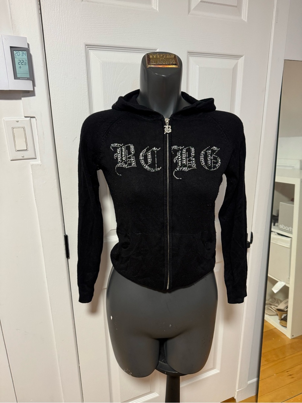 BCBG Black Rhinestone Logo Zip Hoodie Jacket